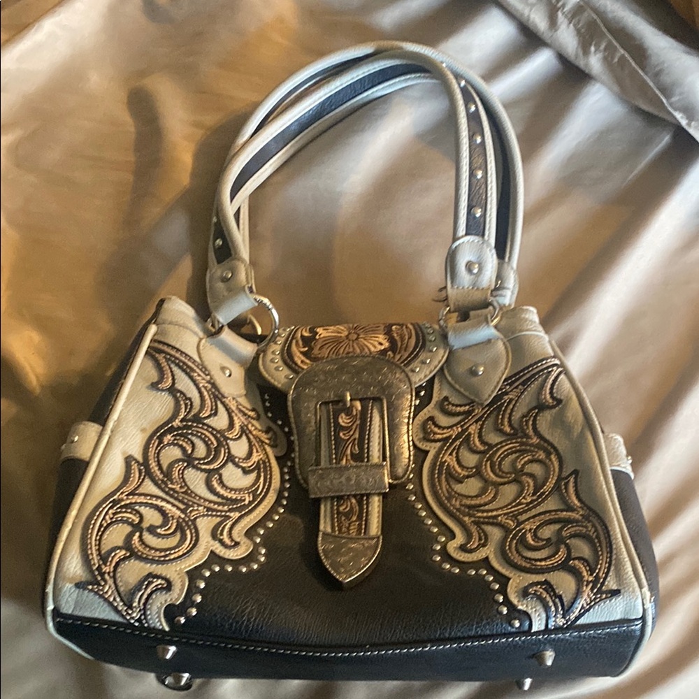 Montana West Black and Cream Shoulder Bag with Ornate Embellishments